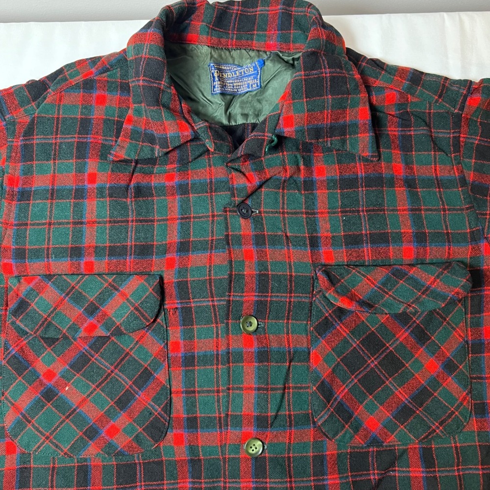 VTG Pendleton Mens M Wool Plaid Boardshirt Elbow Patches 1960s Red Green Black - Picture 2 of 11